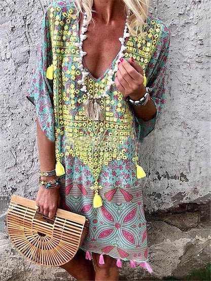 Women's Vintage Dress Casual Dress Tassel Fringe Print V Neck Mini Dress Bohemia Ethnic Vacation Half Sleeve Summer