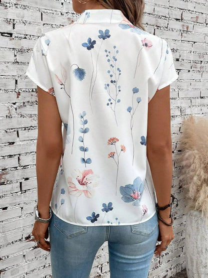 Women's Shirt Blouse Floral Print Black White Button Cap Sleeve Casual Work High Neck Short Sleeve Summer Blouse