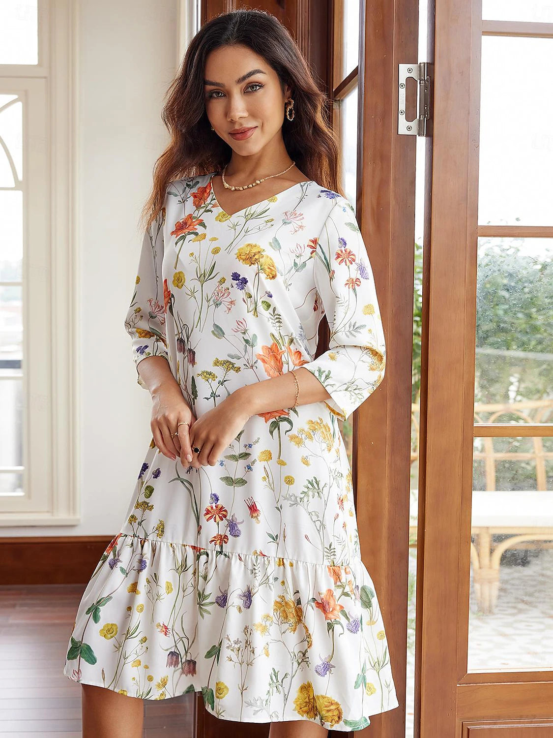 Women's Ruffle Print V Neck Midi Dress 3/4 Length Sleeve Summer Spring