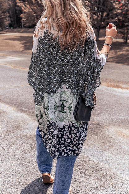 Green Boho Floral Print Irregular Hem Flowy Kimono