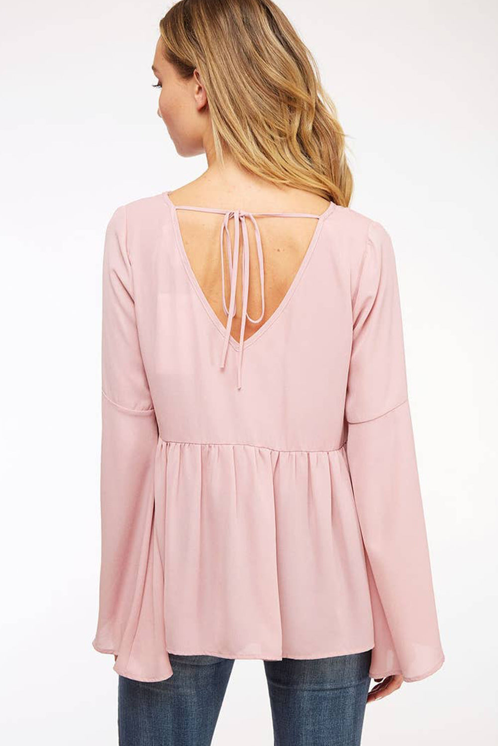 Pink V-Neck Bell Sleeve Back-Tie Ruffled Blouse