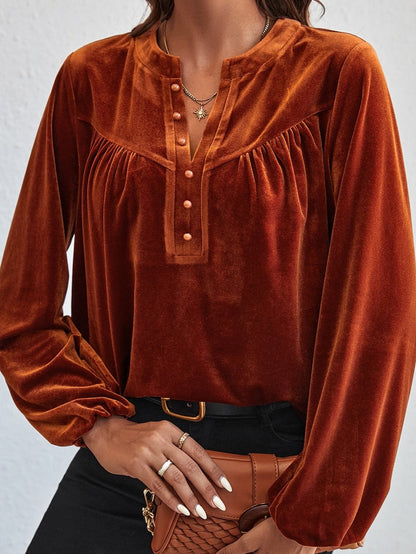 Gold Velvet Pile Neck Pleated Long Sleeve T-Shirt