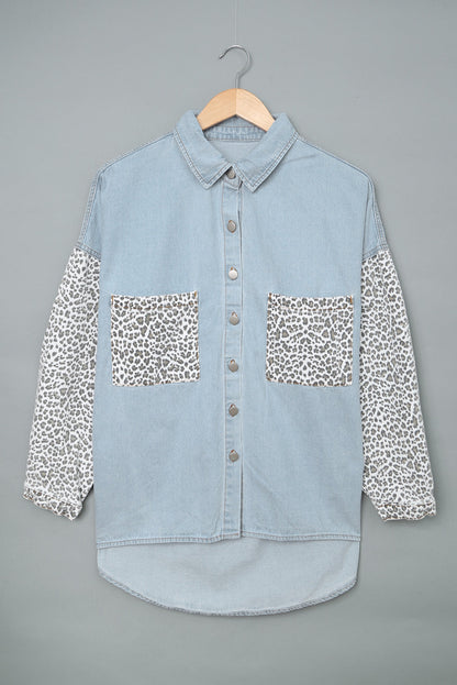 Sky Blue Contrast Leopard Denim Jacket