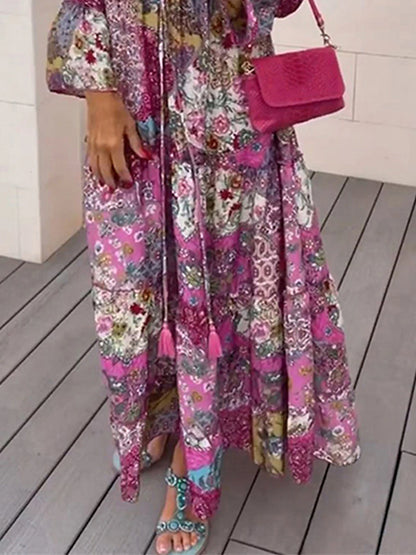 Women's Satin Dress A Line Dress Floral Print V Neck Long Dress Maxi Dress Daily Vacation Long Sleeve Summer Spring