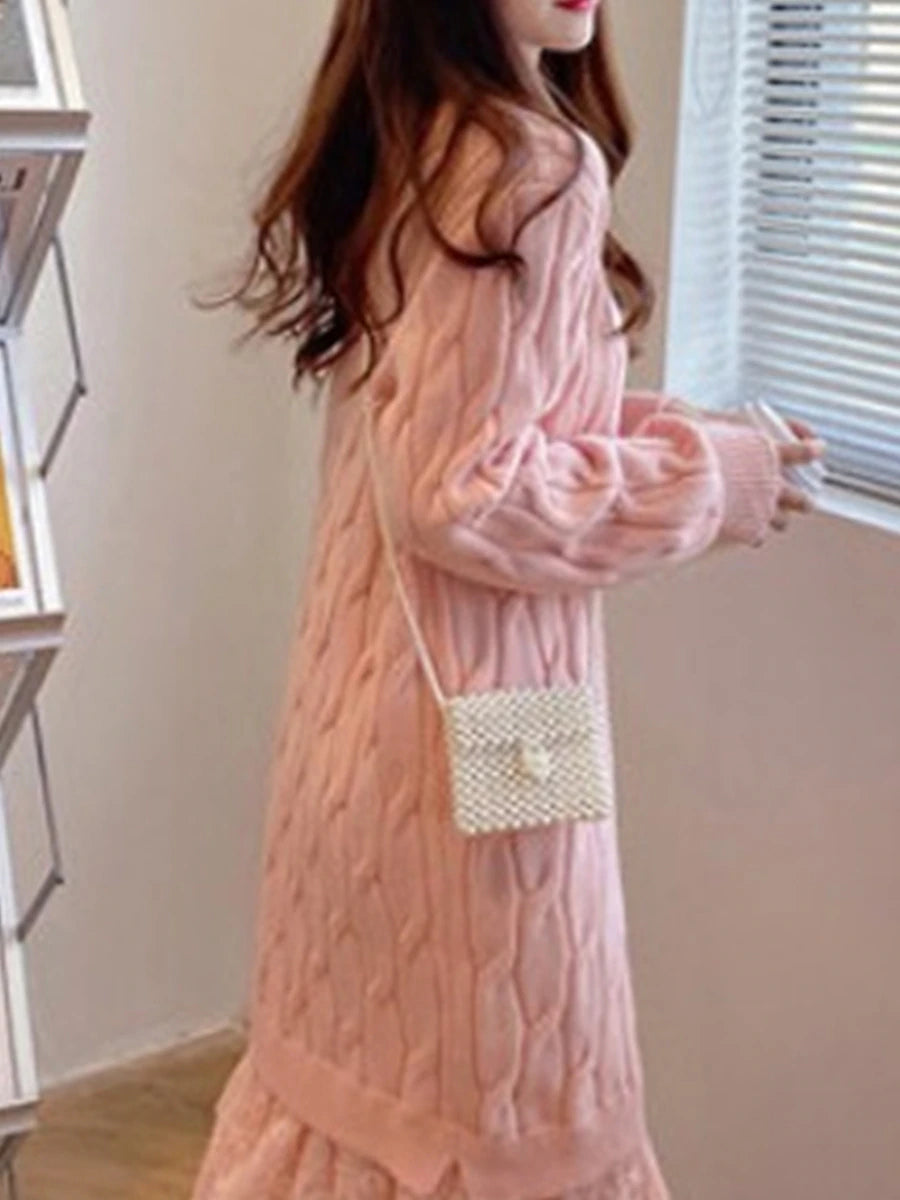 Women's Sweater Dress Knit Dress Jumper Dress Long Dress Maxi Dress Knitwear Fashion Daily Plain Outdoor Casual Holiday Vacation Crew Neck Long Sleeve Ruched Patchwork 2023 Loose Fit Black White Pink