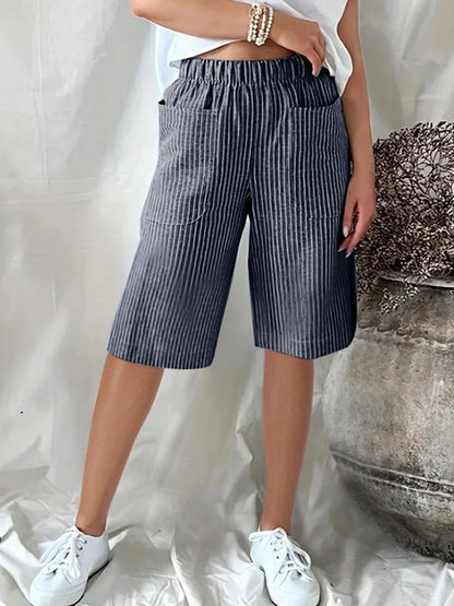 Women's Shorts Linen Cotton Blend Striped Black Yellow Casual Daily Knee Length Going out Weekend Summer