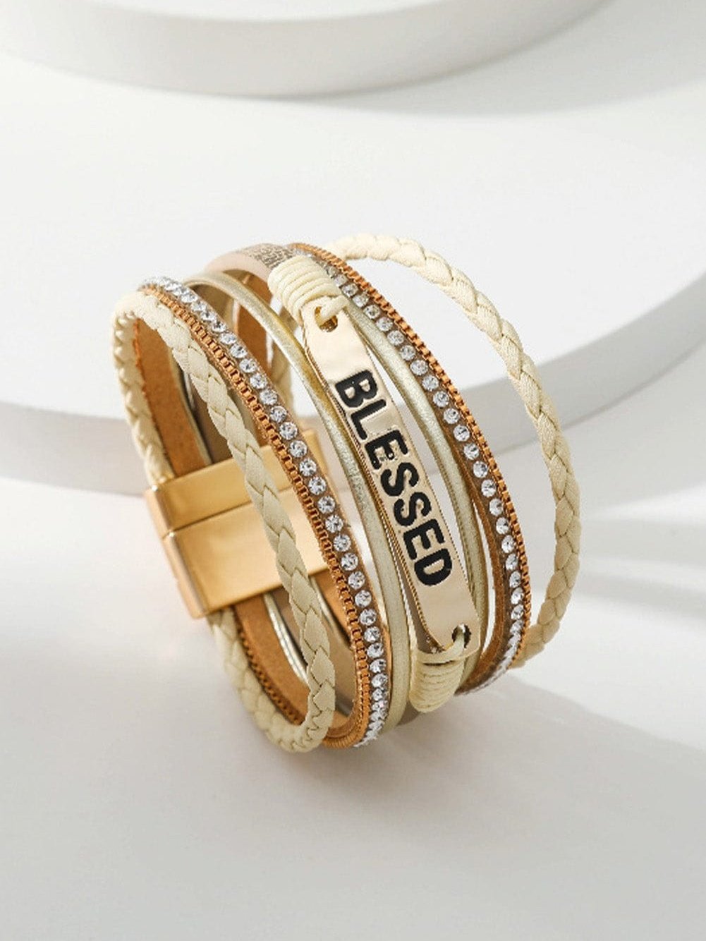 Beige BLESSED Rhinestone Braided Detail Buckle Bracelet