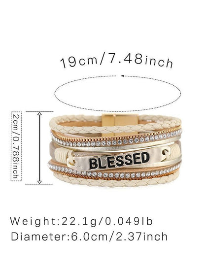 Beige BLESSED Rhinestone Braided Detail Buckle Bracelet