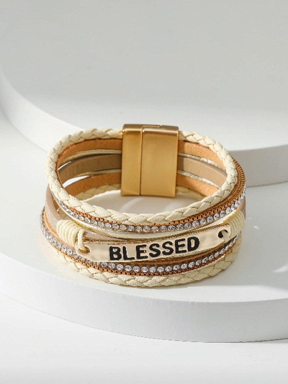 Beige BLESSED Rhinestone Braided Detail Buckle Bracelet