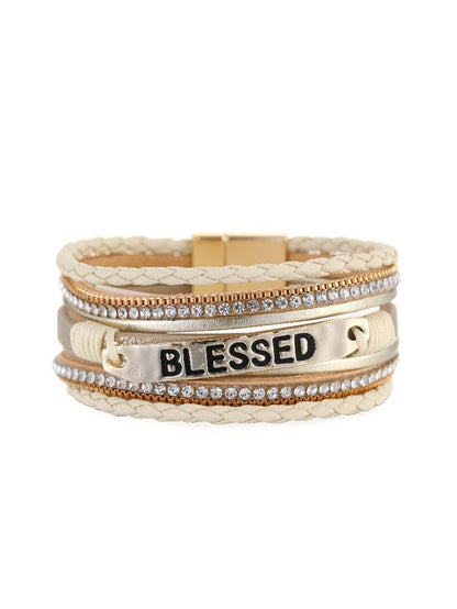 Beige BLESSED Rhinestone Braided Detail Buckle Bracelet