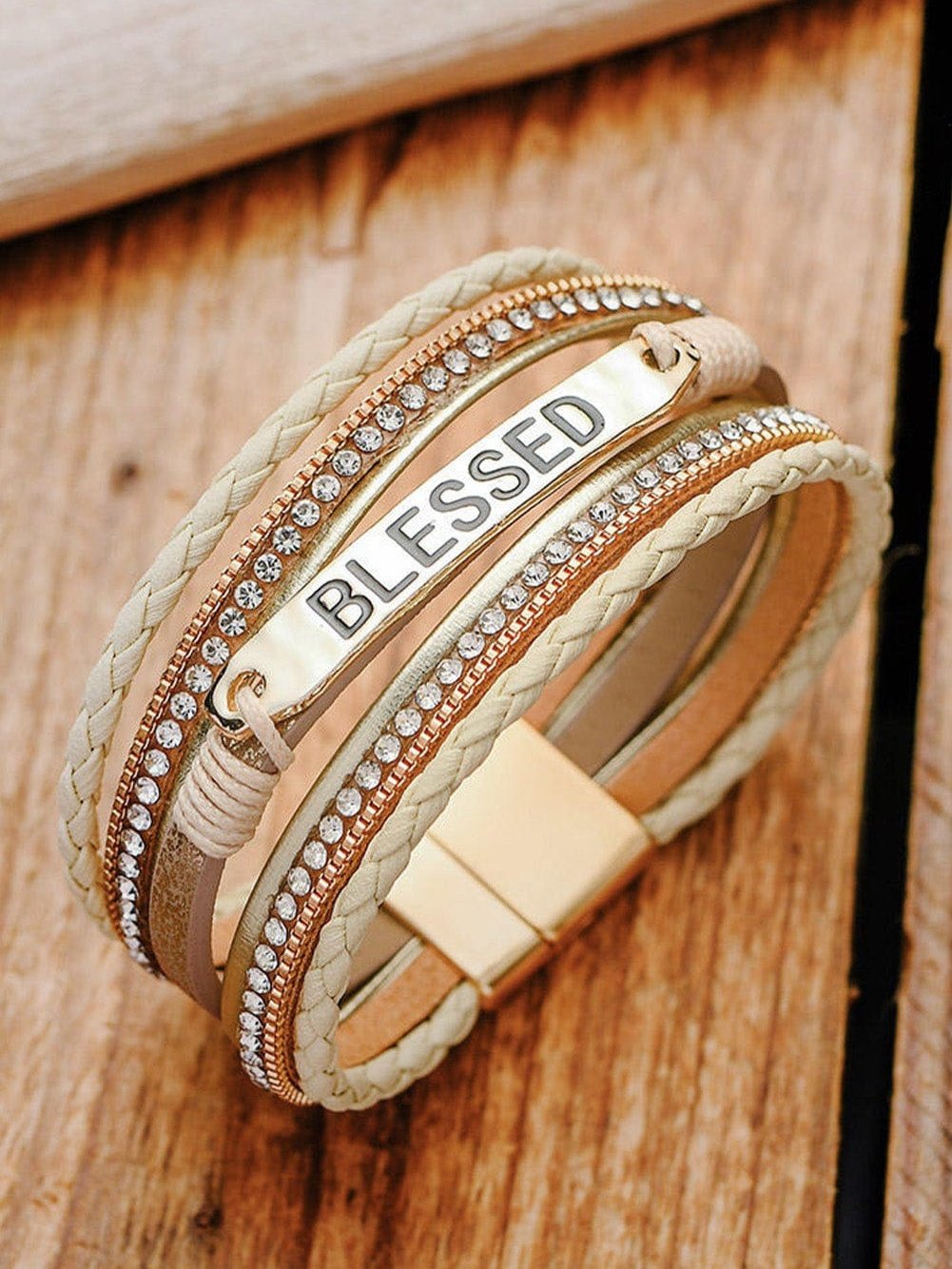 Beige BLESSED Rhinestone Braided Detail Buckle Bracelet