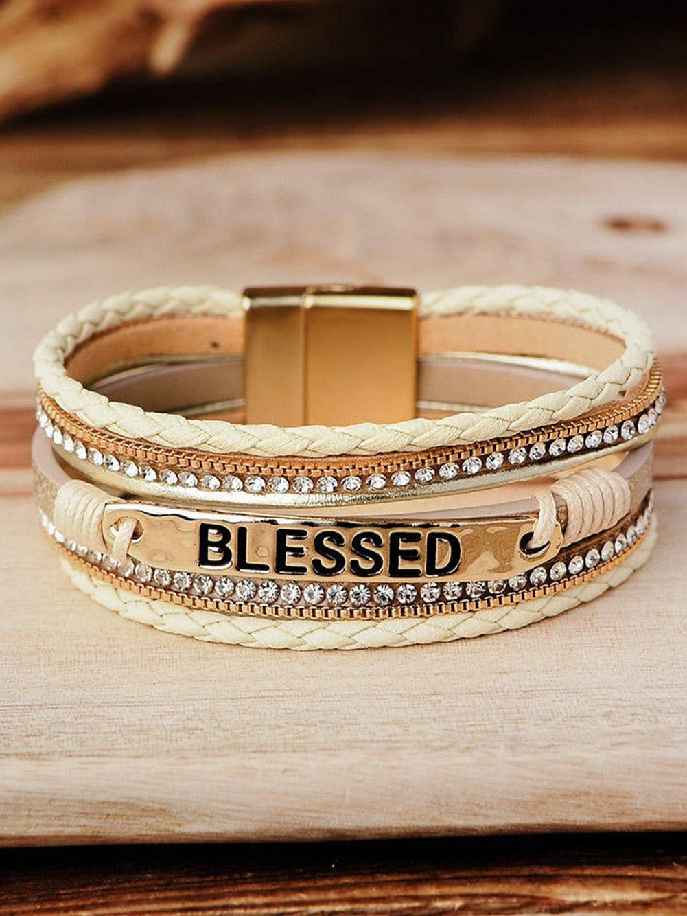 Beige BLESSED Rhinestone Braided Detail Buckle Bracelet