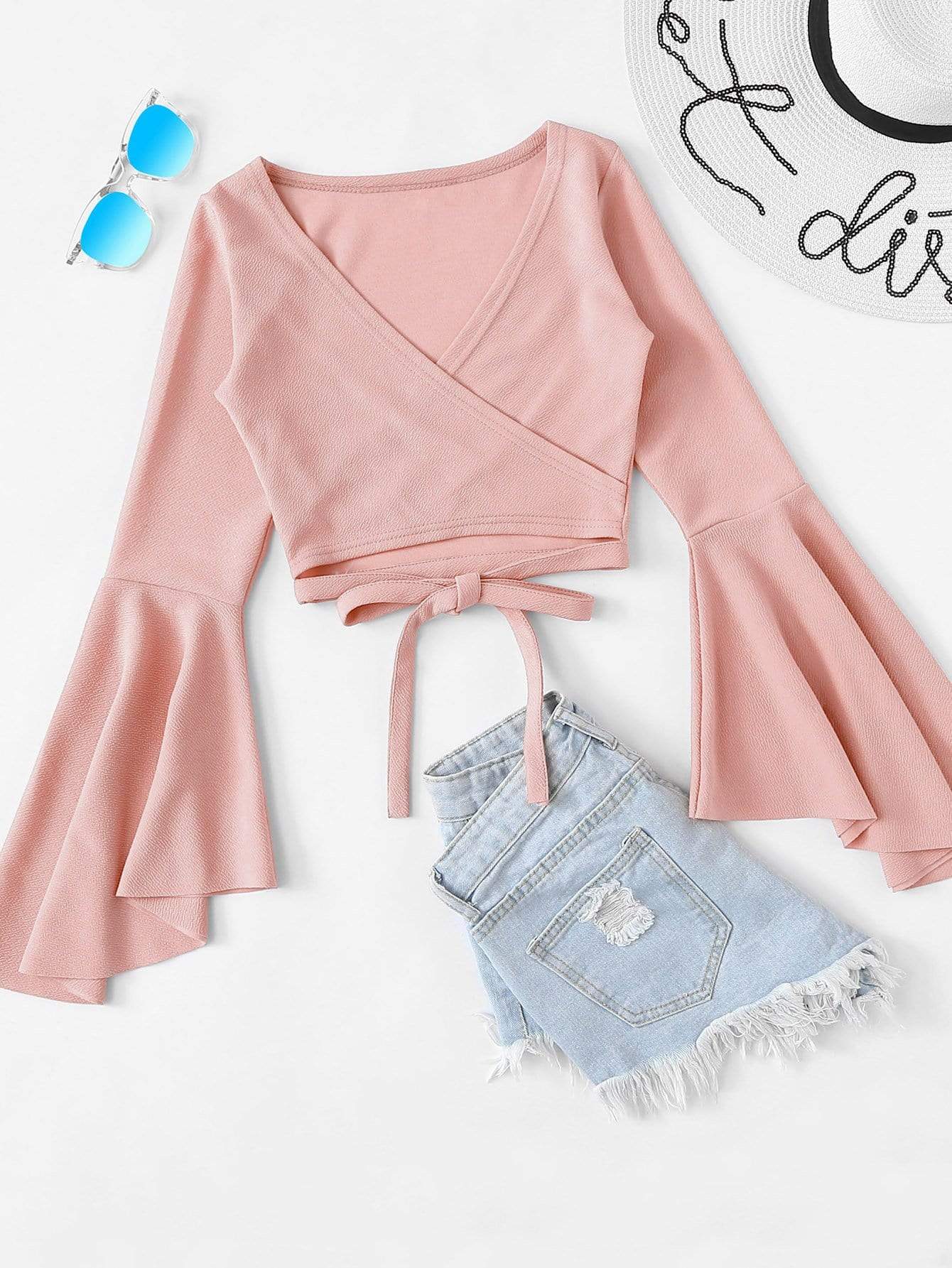 Blouses - Bell Sleeve Self-Tie Crop Top - MsDressly