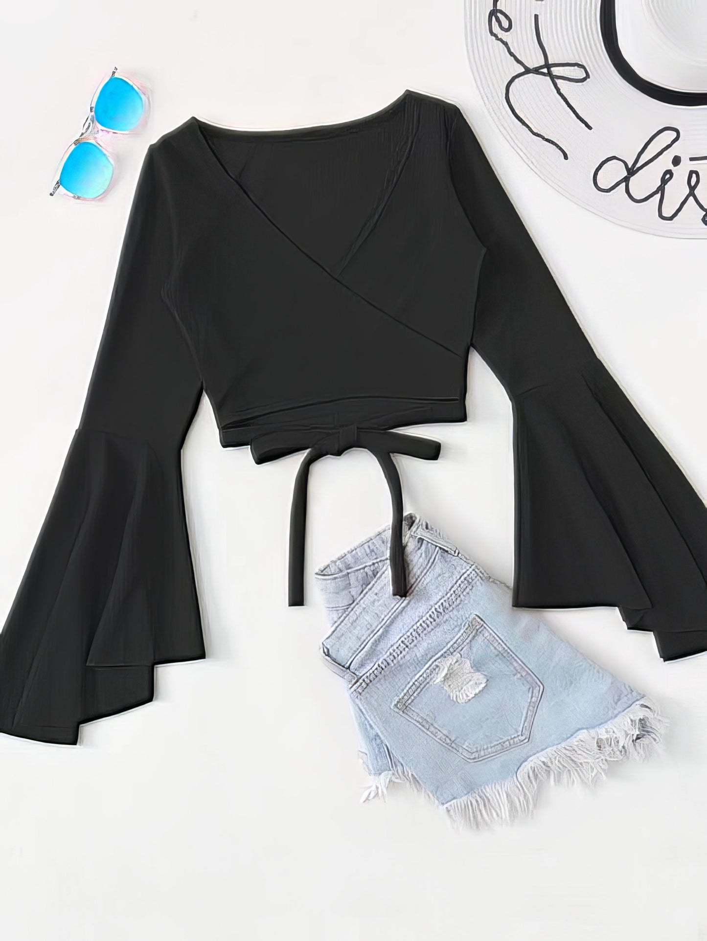 Blouses - Bell Sleeve Self-Tie Crop Top - MsDressly