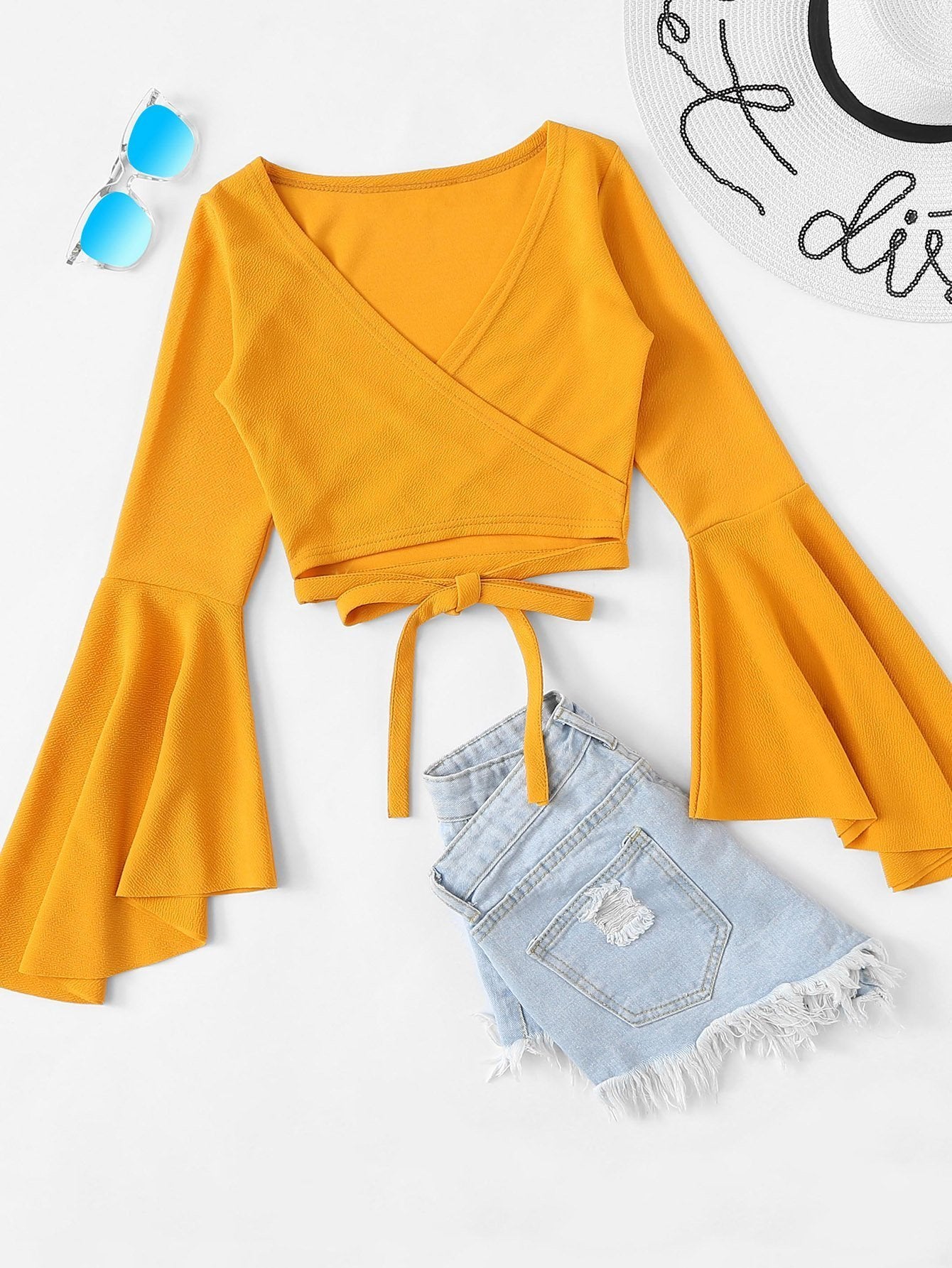 Blouses - Bell Sleeve Self-Tie Crop Top - MsDressly