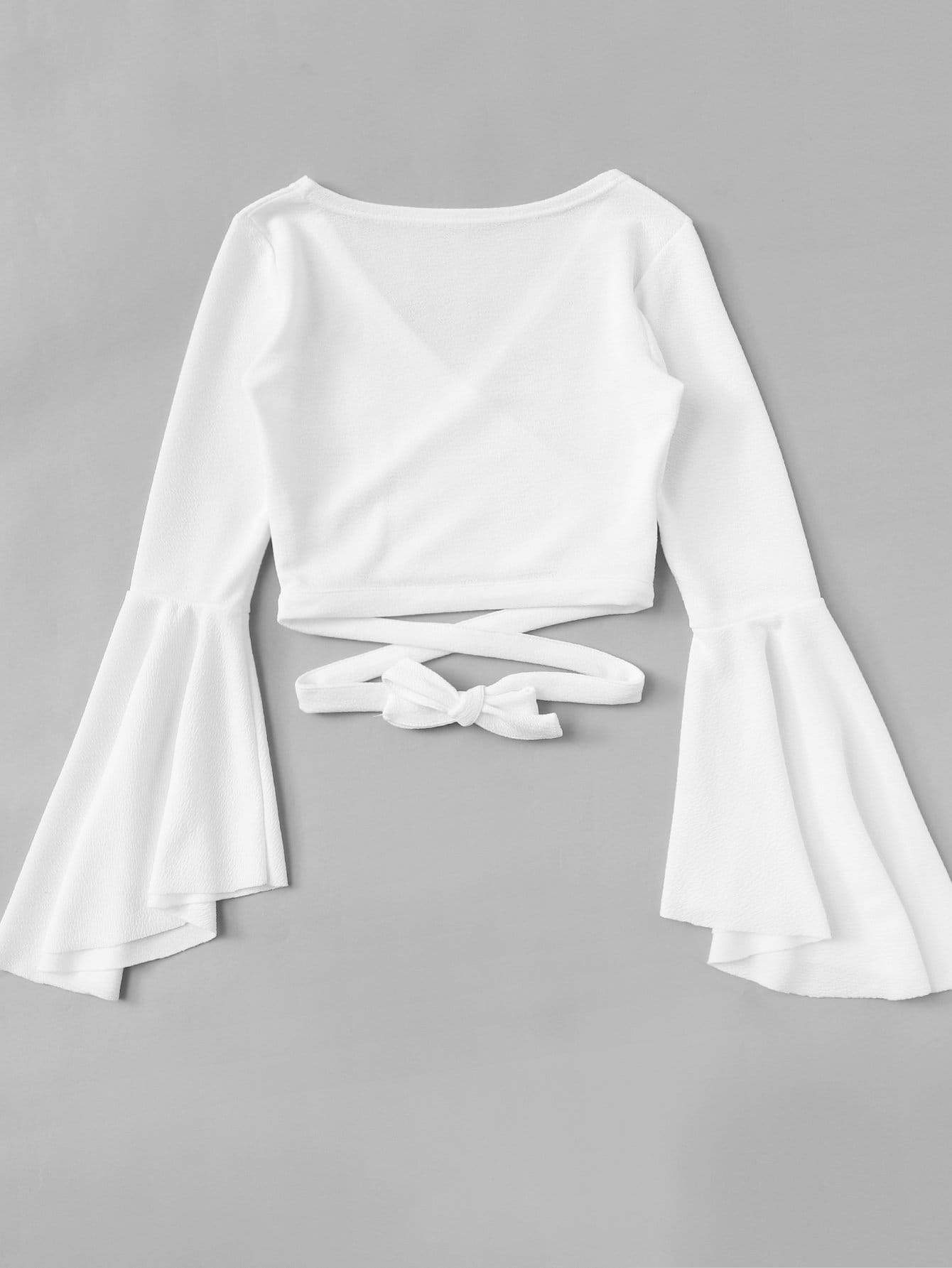 Blouses - Bell Sleeve Self-Tie Crop Top - MsDressly