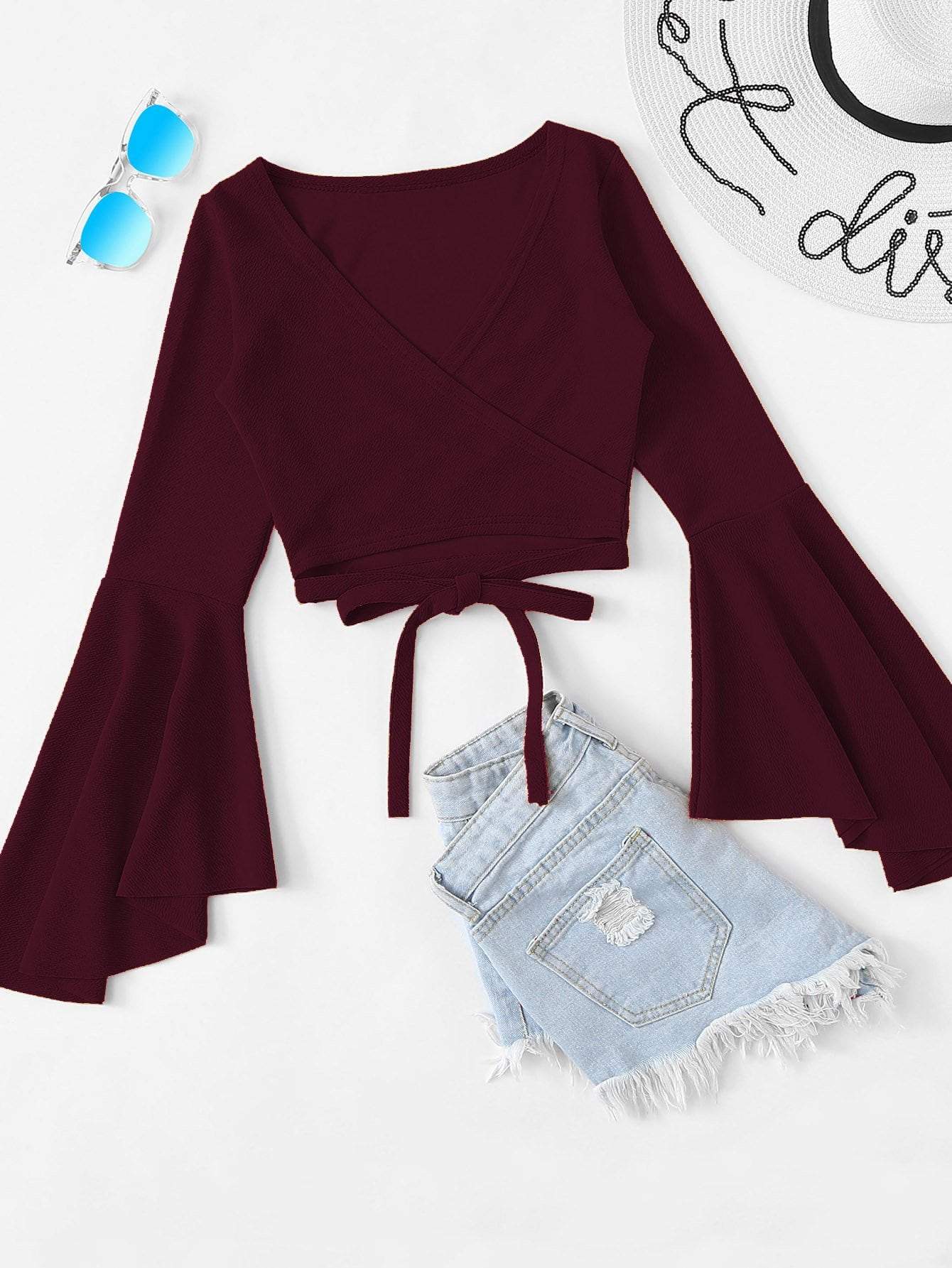 Bell Sleeve Self-Tie Crop Top