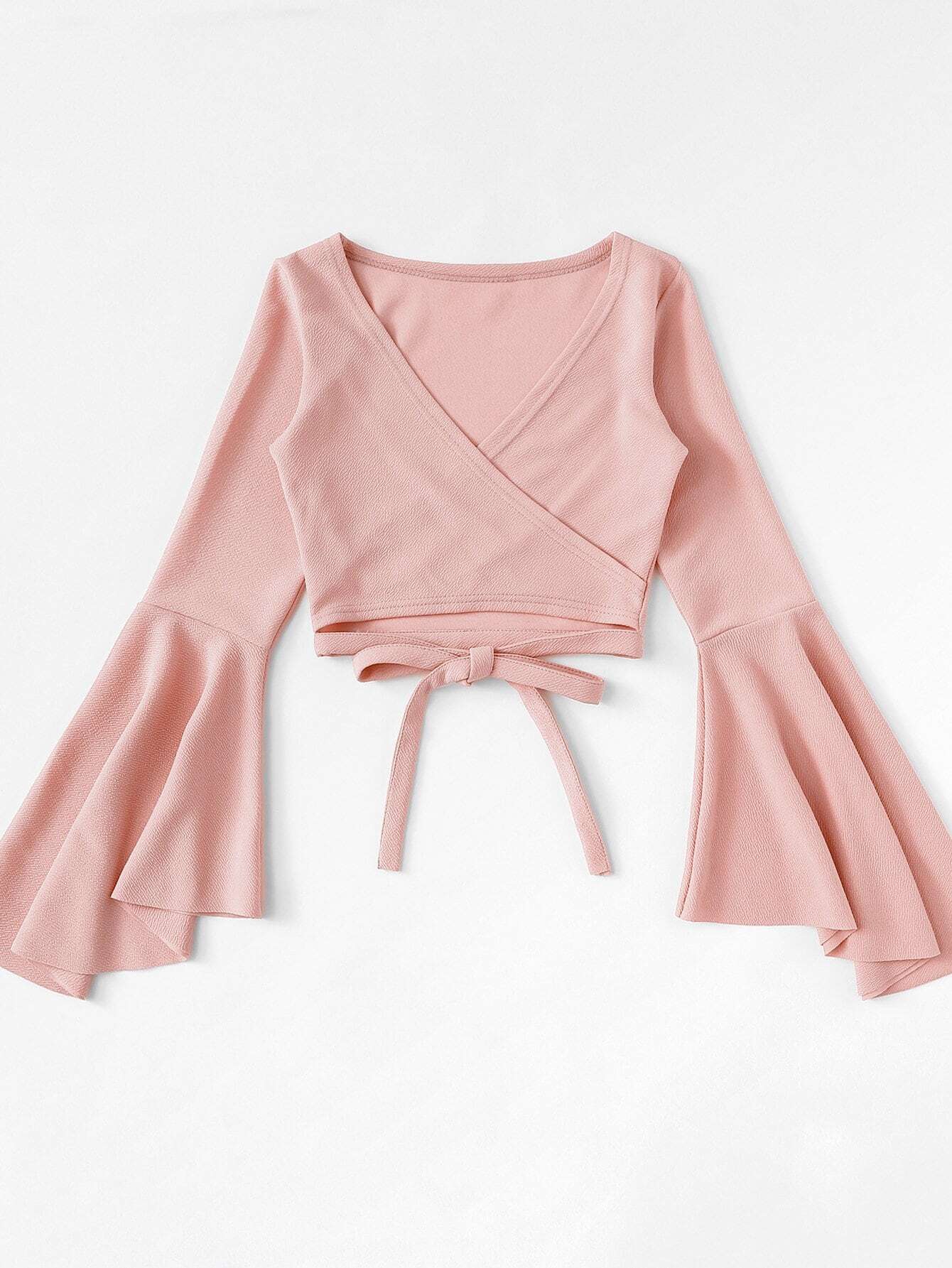 Bell Sleeve Self-Tie Crop Top