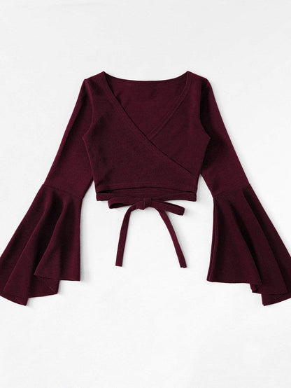 Bell Sleeve Self-Tie Crop Top