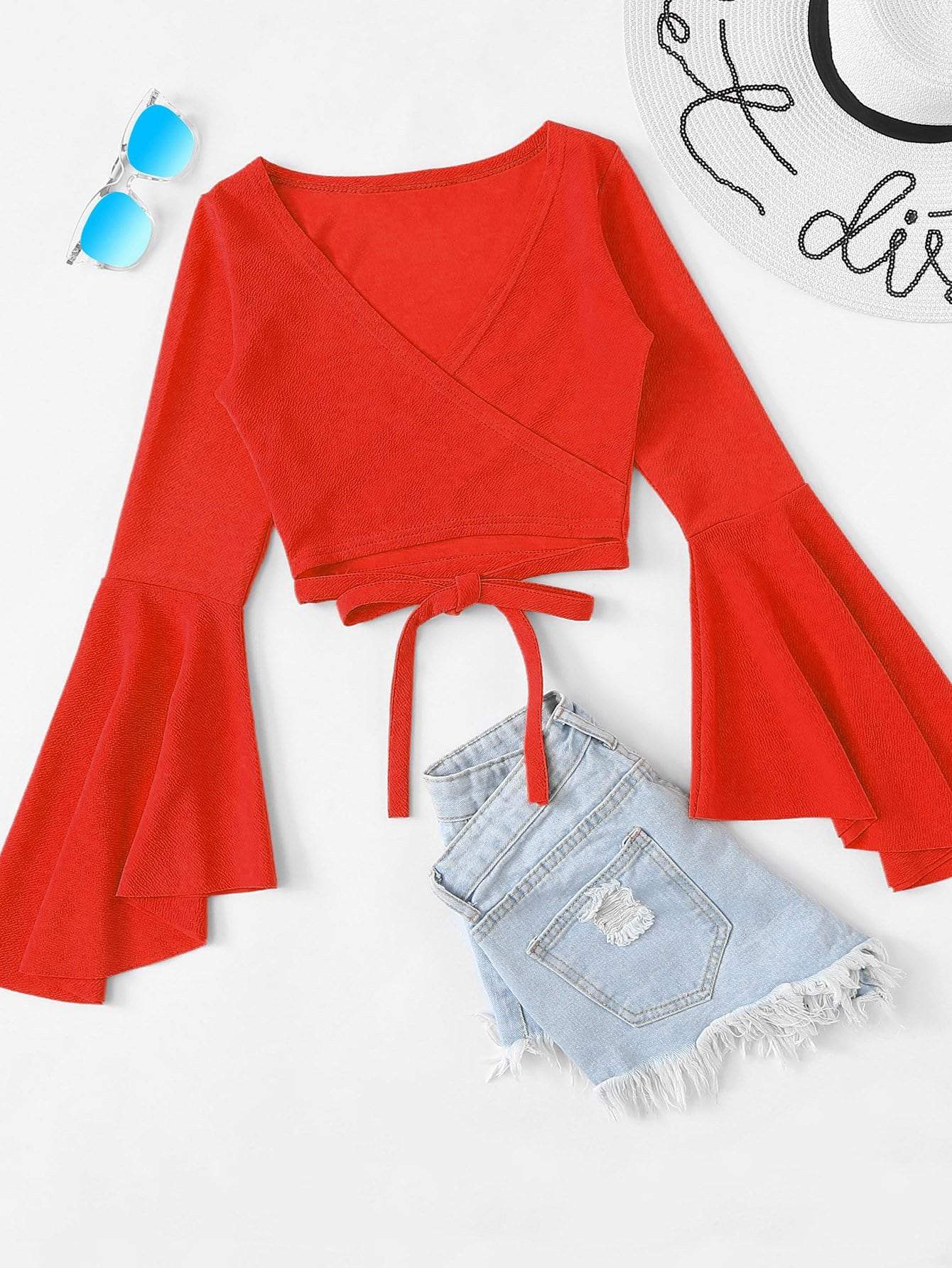 Blouses - Bell Sleeve Self-Tie Crop Top - MsDressly