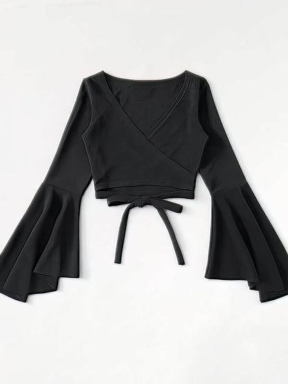 Blouses - Bell Sleeve Self-Tie Crop Top - MsDressly