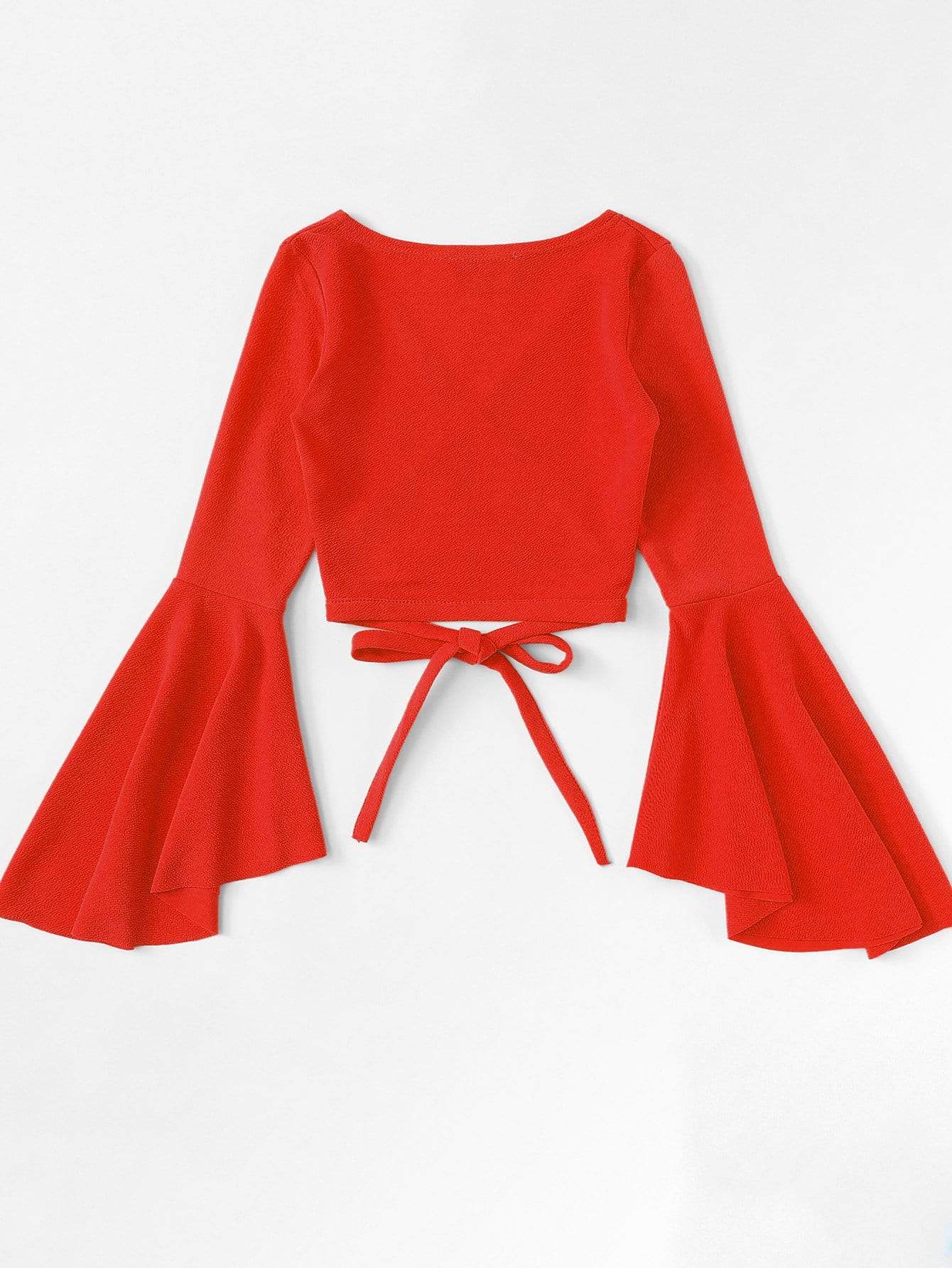 Blouses - Bell Sleeve Self-Tie Crop Top - MsDressly