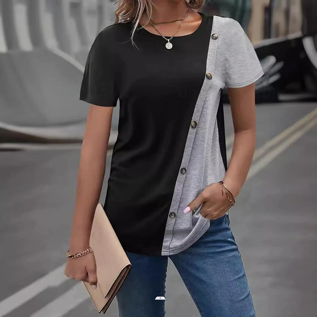 Women's T shirt Tee Color Block Daily Weekend Button Black Short Sleeve Fashion Round Neck Summer