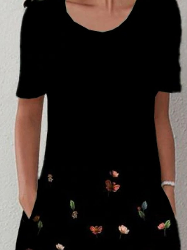 Women's Casual Dress Shift Dress Midi Dress Black Short Sleeve Floral Ruched Summer Spring Crew Neck Fashion Vacation Summer Dress Spring Dress 2023 S M L XL XXL 3XL - LuckyFash™