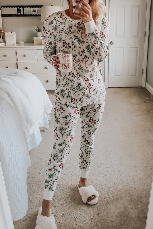 White Holly Print Thermal Pullover Pants Lounge Set