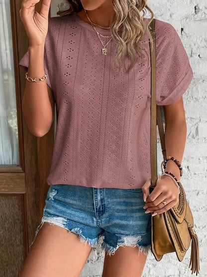 Women's T shirt Tee White Eyelet Tops Cotton Plain Daily Weekend Cut Out Light Blue Short Sleeve Basic Round Neck