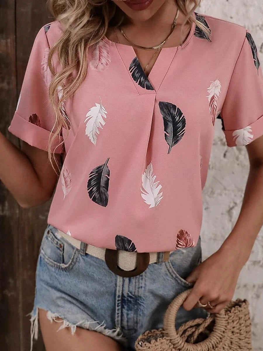 Women's T shirt Tee Feather Daily Vacation Going out Black Short Sleeve Stylish V Neck Summer