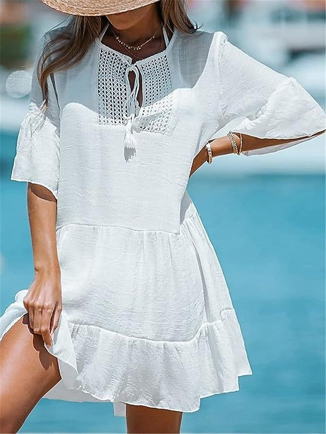 Women's White Dress Casual Dress Summer Dress Mini Dress Ruffle Vacation Beach Basic Crew Neck Half Sleeve White Color