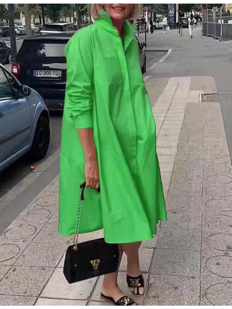 Women's Shirt Dress Midi Dress Daily Polyester Fashion Elegant Shirt Collar Pocket Long Sleeve Summer Spring Fall 2023 Loose Fit Pink Royal Blue Green Plain Pure Color S M L XL 2XL