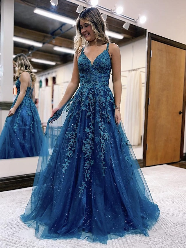 Ball Gown A-Line Prom Dresses Sparkle & Shine Dress Formal Floor Length Sleeveless V Neck Tulle Backless with Glitter Appliques 2023 - LuckyFash™