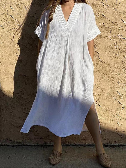 Women's White Dress Casual Dress Summer Dress Midi Dress Pocket Split Vacation Beach Basic V Neck Half Sleeve Black White Color