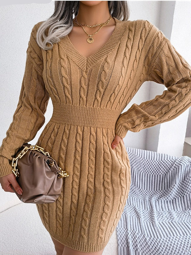 Women's Sweater Dress Jumper Dress Winter Dress Mini Dress Knitwear Fashion Classic Pure Color Winter Dress Holiday Date Fall Dress V Neck Long Sleeve Knit 2023 Loose Fit White Blue khaki S M L