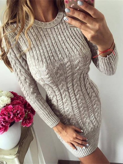 Women's Sweater Dress Crew Neck Cable Knit Cotton Acrylic Hollow Out Fall Winter Outdoor Sport Going out Stylish Casual Soft Long Sleeve Solid Color Silver Light Blue claret S M L