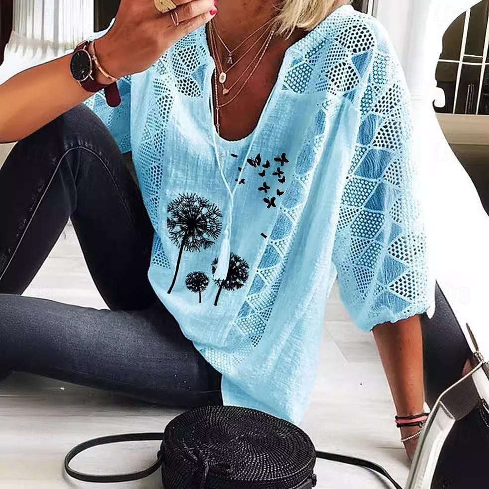 Women's Shirt Blouse Floral Butterfly Daily Vacation Lace up Lace Print Black 3/4 Length Sleeve Casual V Neck Spring & Summer