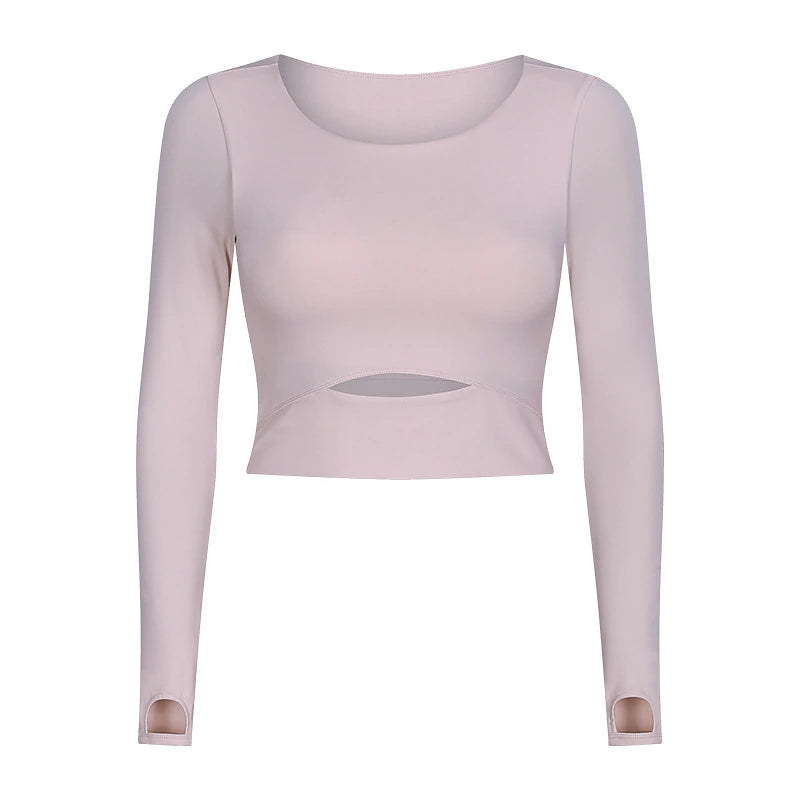 Women's Running T-Shirt Crop Top Solid Color Yoga Fitness Thumbhole Cut Out Crop Top Black White Pink Crew Neck Long Sleeve High Elasticity Spring &  Fall