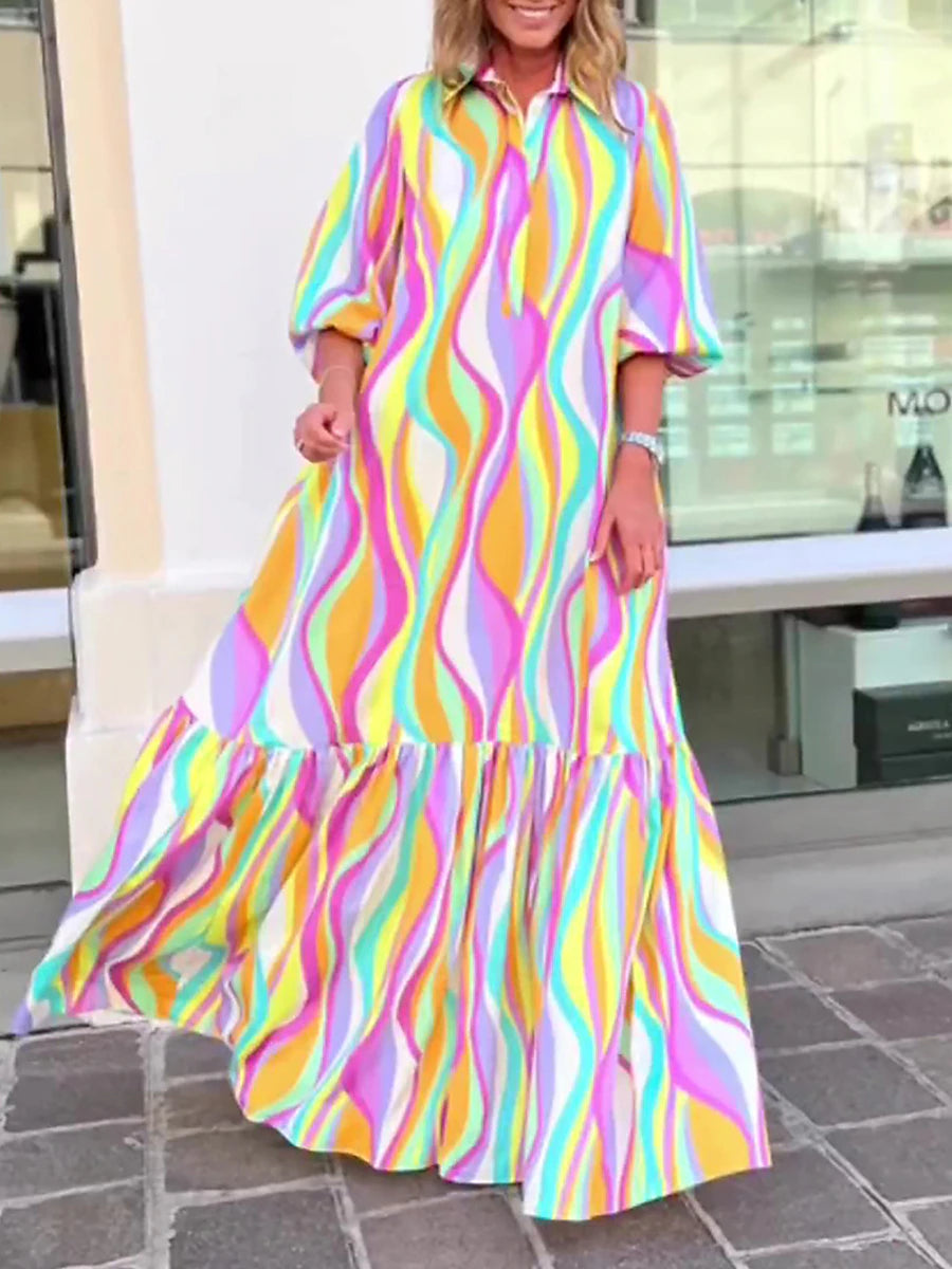 Women's Ruffle Print Shirt Collar Puff Sleeve Maxi long Dress Daily Vacation Half Sleeve Summer Spring