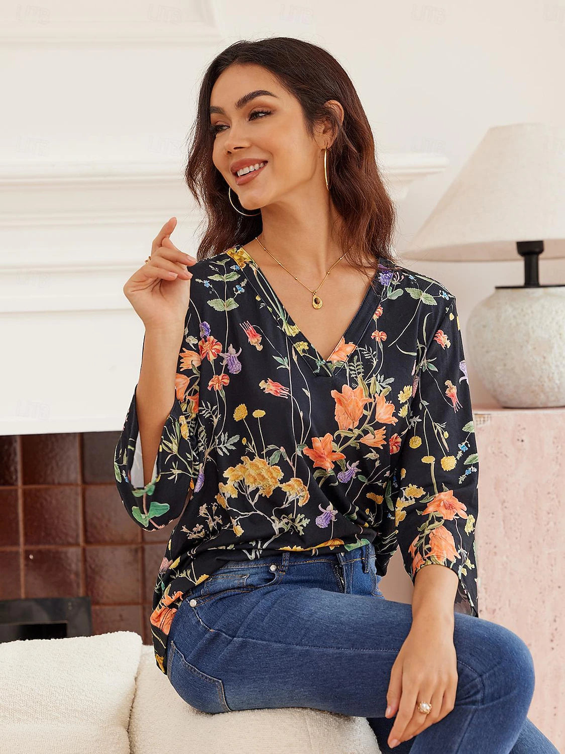 Women's Shirt Blouse Floral Print Black 3/4 Length Sleeve V Neck Summer