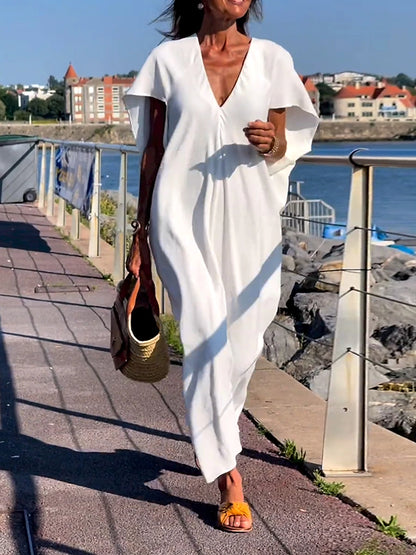 Women's White Dress Casual Dress Swing Dress Long Dress Maxi Dress Split Daily Date Fashion Basic V Neck Short Sleeve White Color