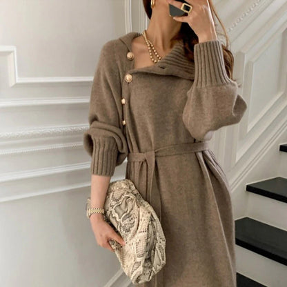 Women's Sweater Dress Jumper Dress Winter Dress Knee Length Dress Knitwear Stylish Mature Pure Color Outdoor Winter Dress Holiday Weekend Turtleneck Long Sleeve Tie Front Button Knit 2023 Loose Fit