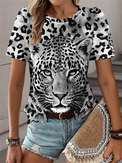 Women's T shirt Tee Leopard Daily Weekend Print Blue Short Sleeve Fashion Crew Neck Summer