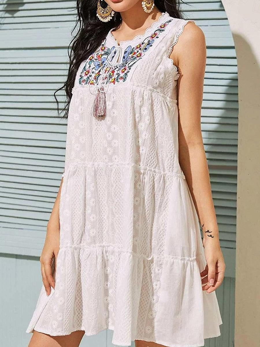 Women's White Dress Lace Dress Casual Dress Mini Dress Cotton Lace Ruffle Date Vacation Maxi V Neck Sleeveless White Color