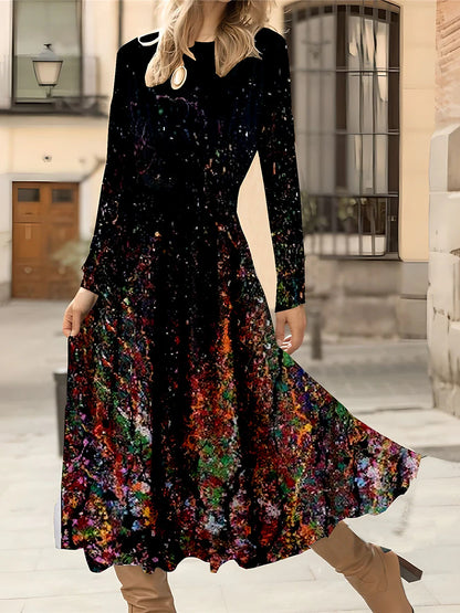 Women's Winter Dress A Line Dress Floral Print Crew Neck Midi Dress Daily Vacation Long Sleeve Fall Winter