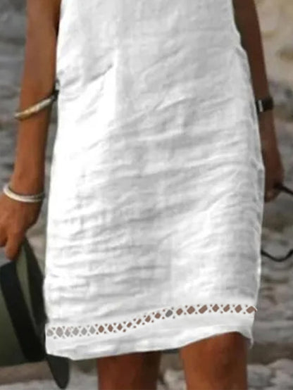 Women's Casual Dress Cotton Linen Dress Shift Dress Midi Dress Cotton Blend Basic Casual Outdoor Daily Boat Neck Patchwork Hollow Out Short Sleeve Summer Spring 2023 Loose Fit White Plain S M L XL 2XL - LuckyFash™