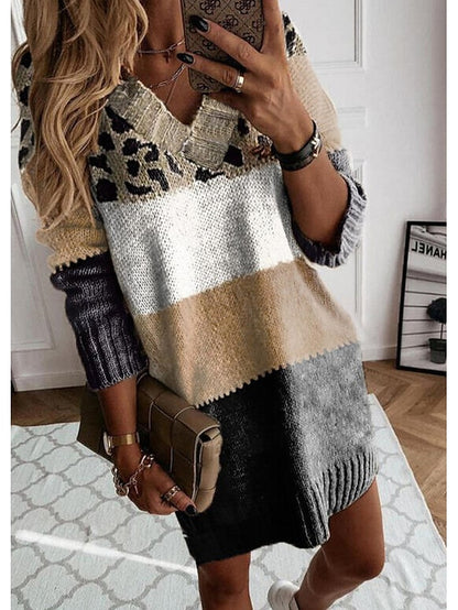 Women's Pullover Sweater Jumper V Neck Crochet Knit Knit Patchwork Knitted Fall Winter Tunic Going out Weekend Stylish Long Sleeve Color Gradient Brown S M L