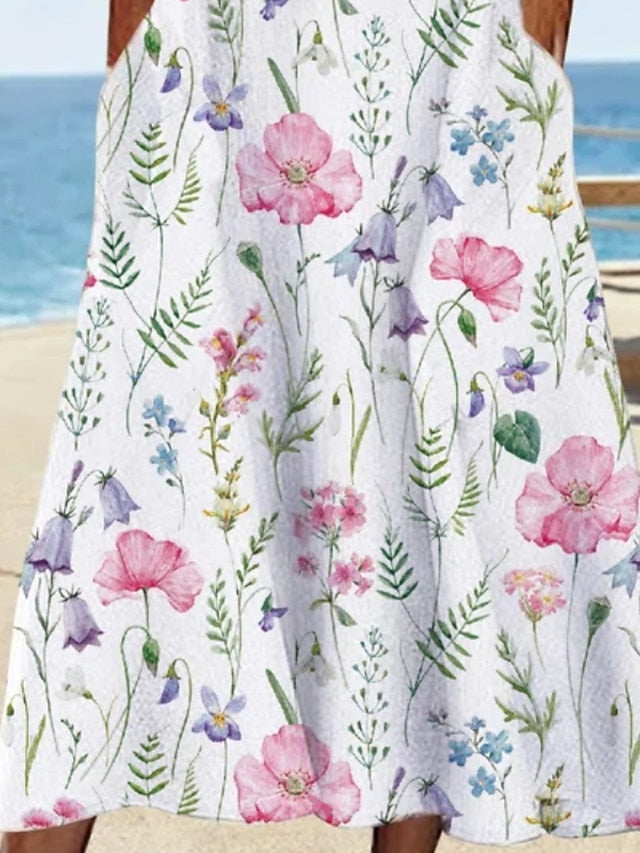 Women's Casual Dress T Shirt Dress Tee Dress Shift Dress Midi Dress White Yellow Pink Short Sleeve Floral Print Summer Spring V Neck Basic Vacation Summer Dress Spring Dress 2023 S M L XL XXL 3XL - LuckyFash™