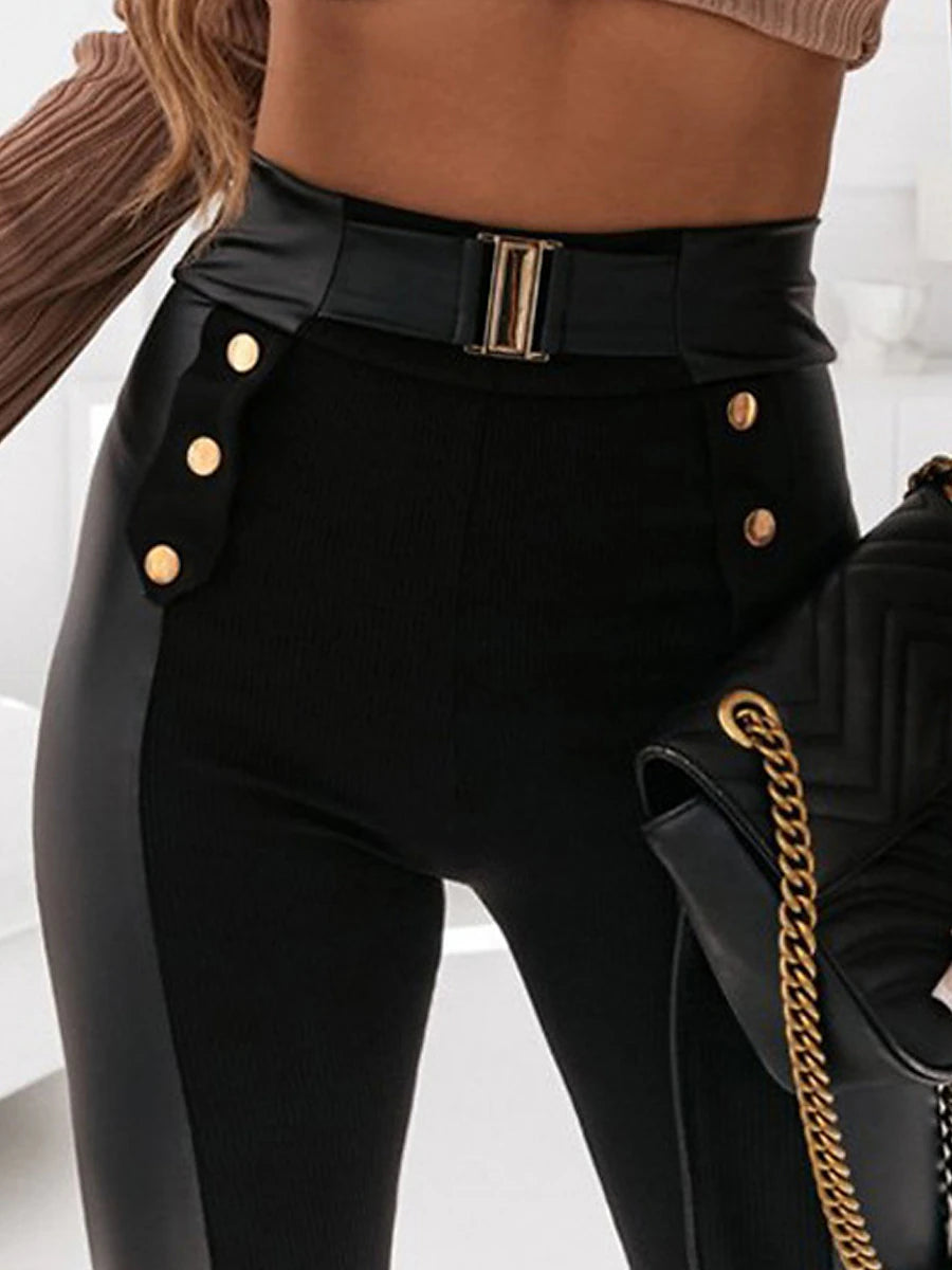 Women's Slim PU Plain Black Fashion High Waist Full Length Party Street Fall Winter